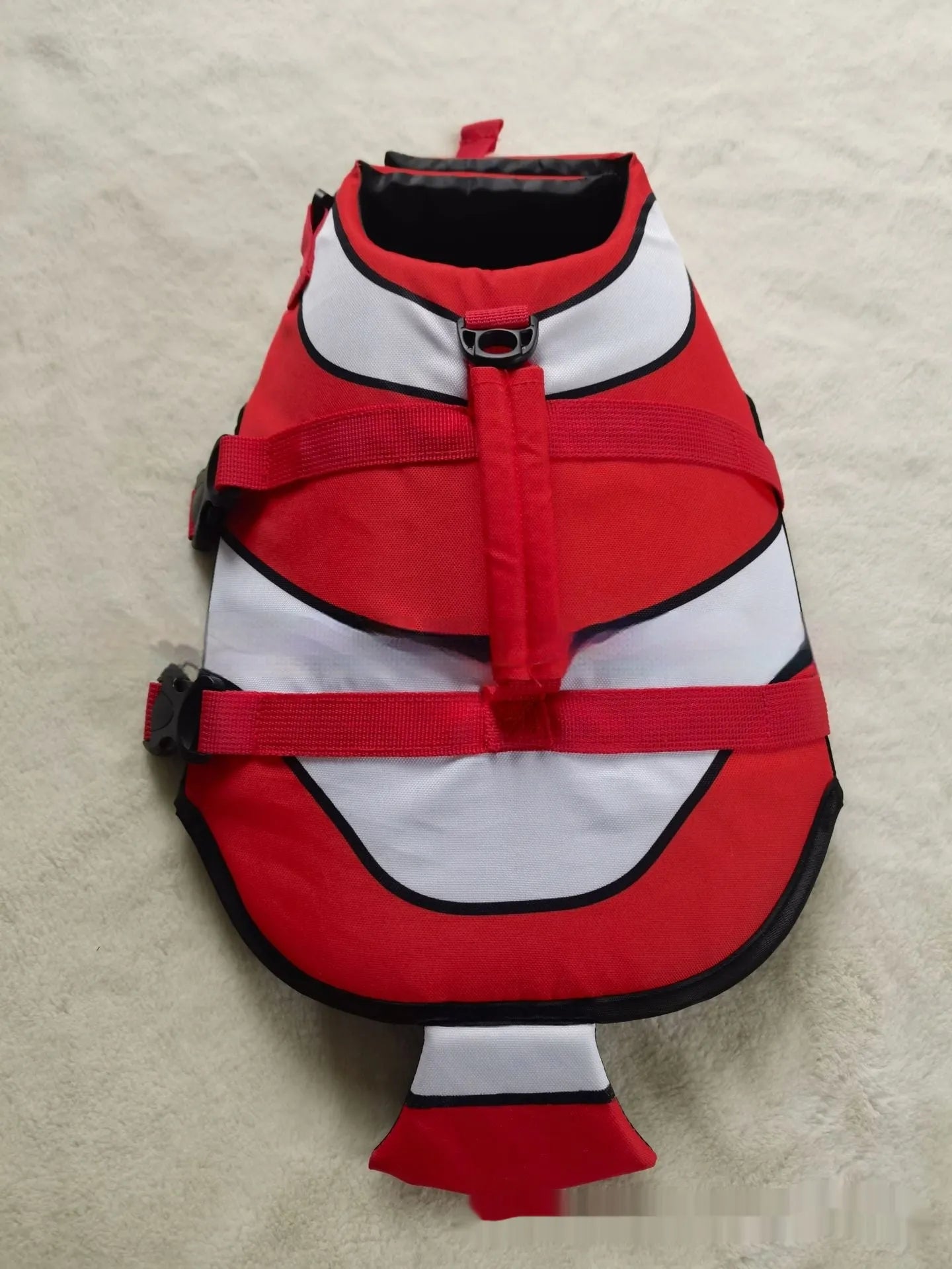 Simple striped polyester pet life jacket for dogs in orange colour showing size XS 20cm