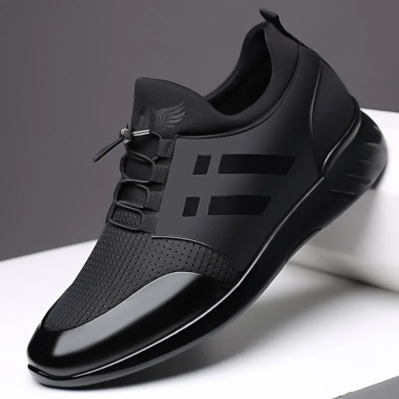 Men's black casual height increasing shoes in leather, Lycra and mesh with an invisible chunky heel.