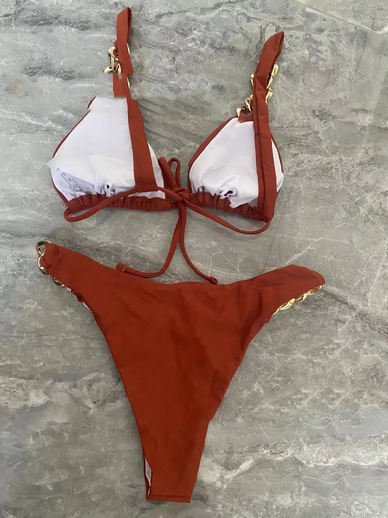 Brown women's tube top push up bikini swimsuit with ring tether detailing and split bottom