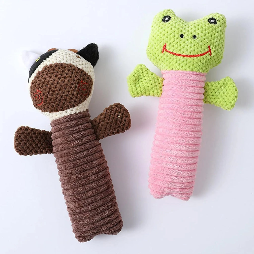 Dog squeaky chew toy shaped like a stuffed animal for dental cleaning and teething.