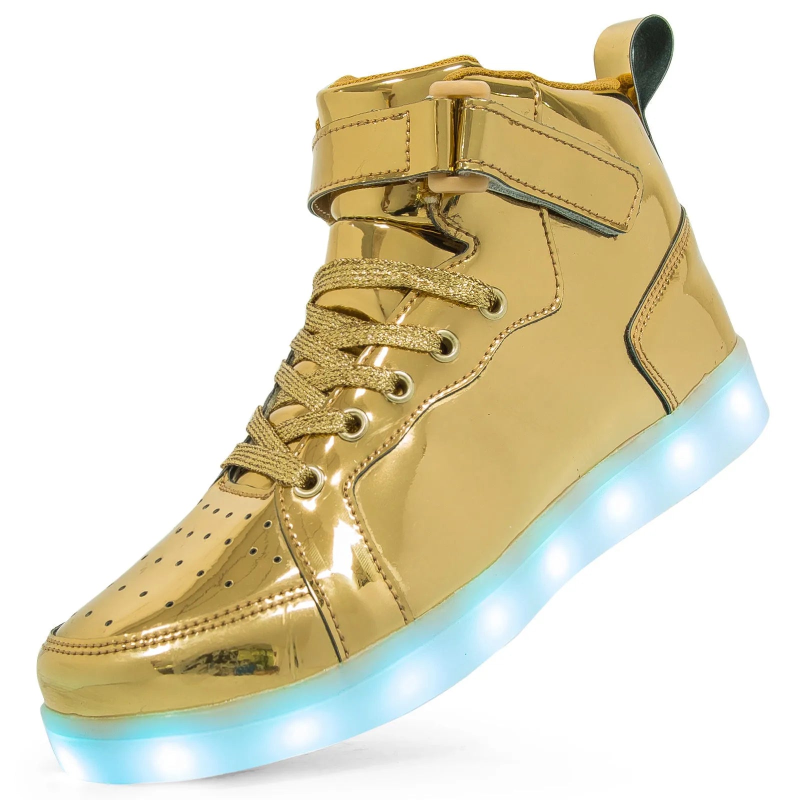 Light-up high-top board shoes with Velcro strap and rechargeable LED lights on display