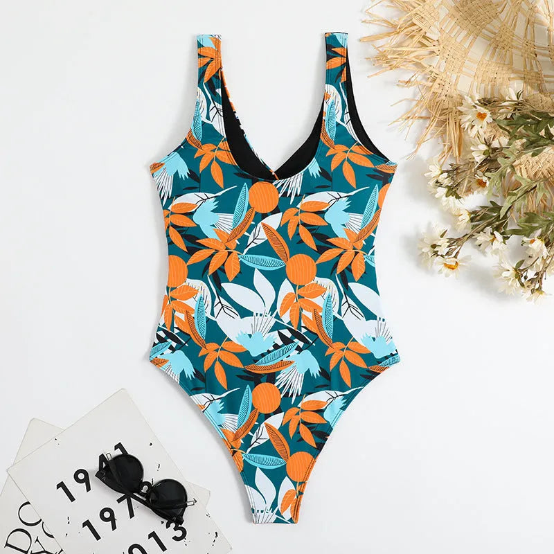 Women's high waist one-piece bikini swimsuit with printed pattern