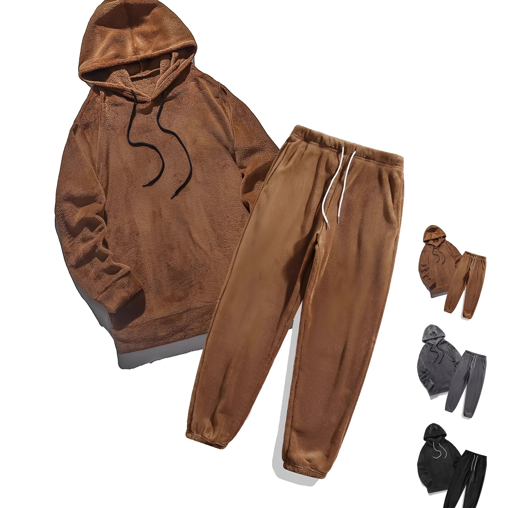 Women's coral fleece coat set with long sleeve top and trousers in black polyester fibre