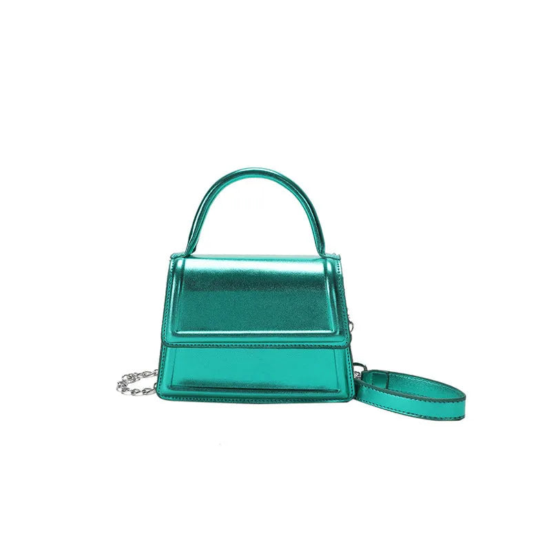Square-shaped PU leather crossbody bag in multiple colour options on a model.