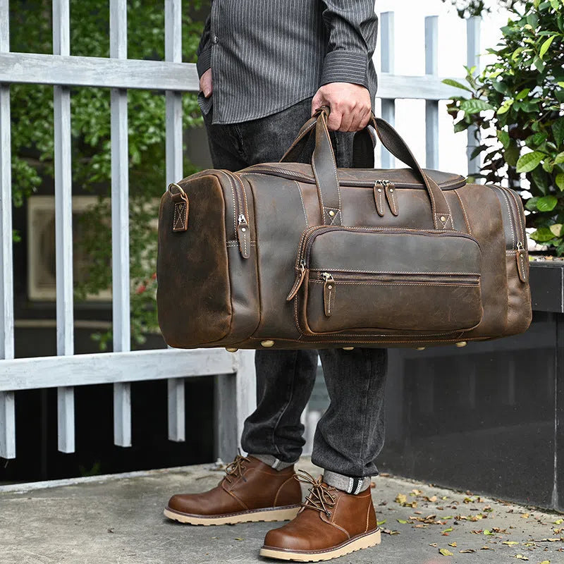 Men's genuine leather handbag large capacity 58cm dark brown full-grain cowhide crossbody bag