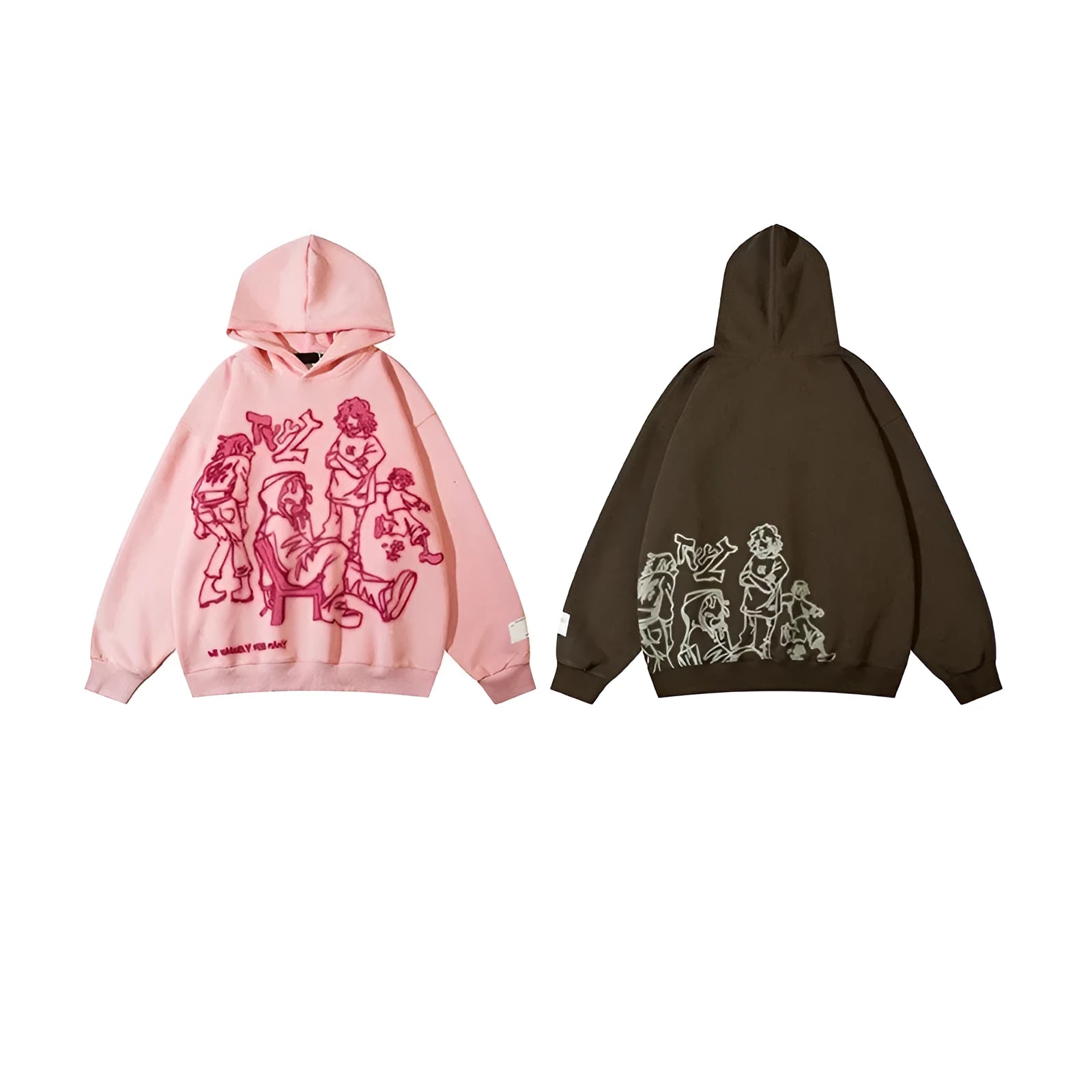 Loose-fitting couples oversize hoodie in brown, round neck, long sleeves, side view on plain background
