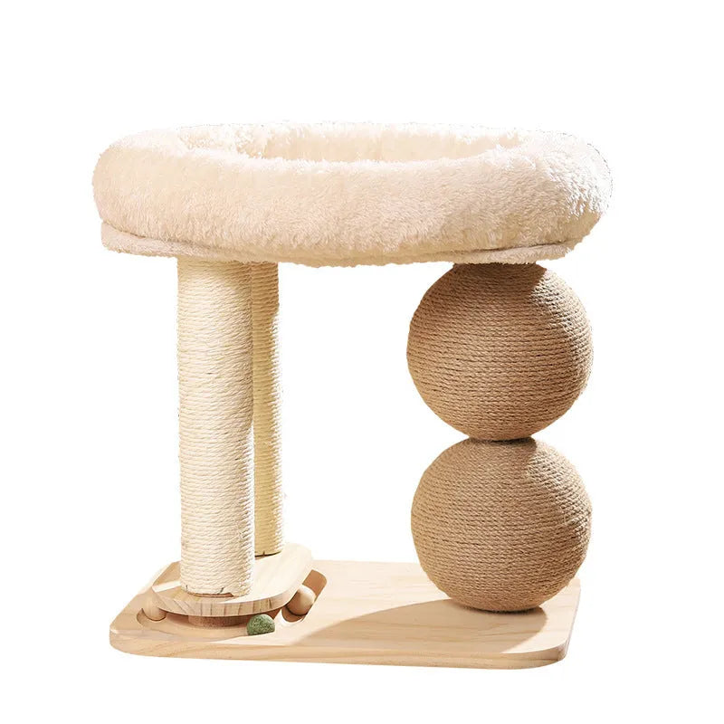Pine wood cat nest with sisal scratching posts, double grasping balls, and summer sleeping mat