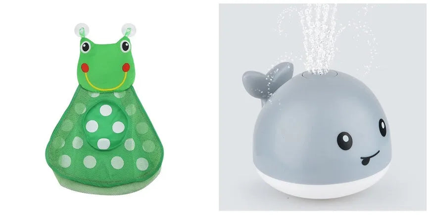 Electric whale bath toy with automatic water spray and flashing lights on a base