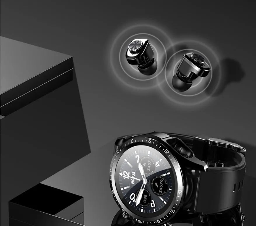 Black smart watch with blood pressure and oxygen monitoring on a silicone wrist strap.