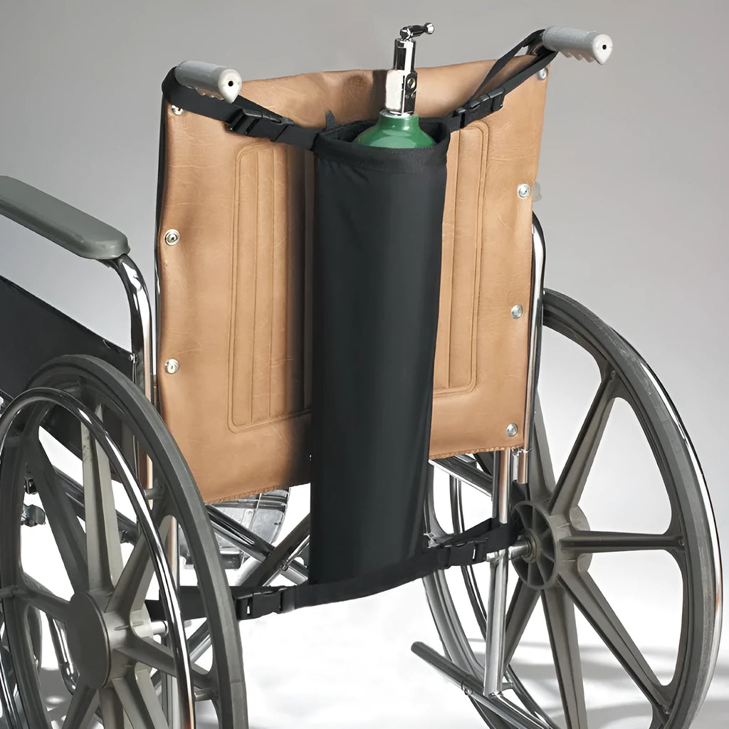 Black cylindrical oxygen cylinder pannier bag mounted on wheelchair with 600D Oxford cloth construction