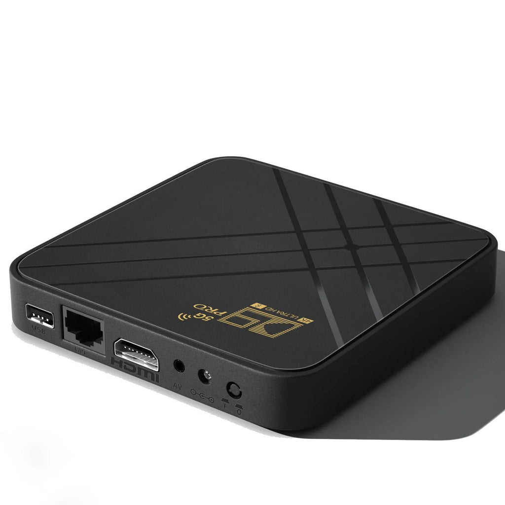 Android set-top box 4K TV box with dual-band WiFi, compact 110mm design, and HDMI output