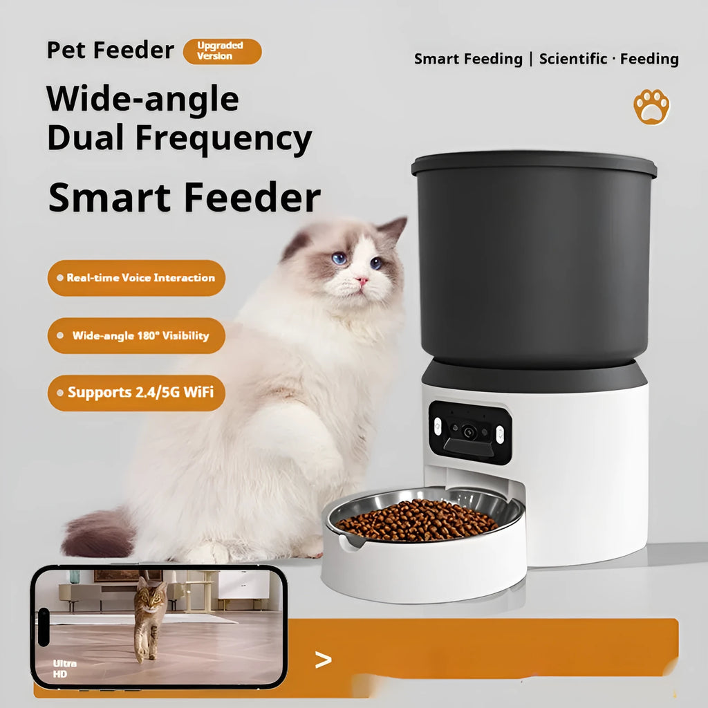 4-litre smart pet feeder with control panel, showing optional stainless steel bowl and camera unit.