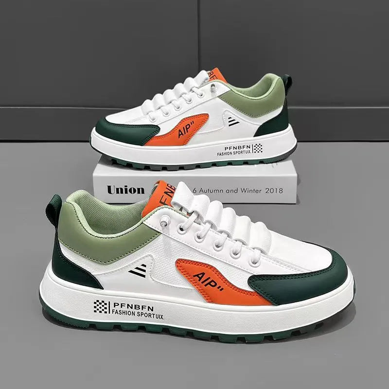 Men's white and orange casual sneakers with round toe and PU upper, shown alongside black and brown colour options.