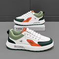 Men's white and orange casual sneakers with round toe and PU upper, shown alongside black and brown colour options.