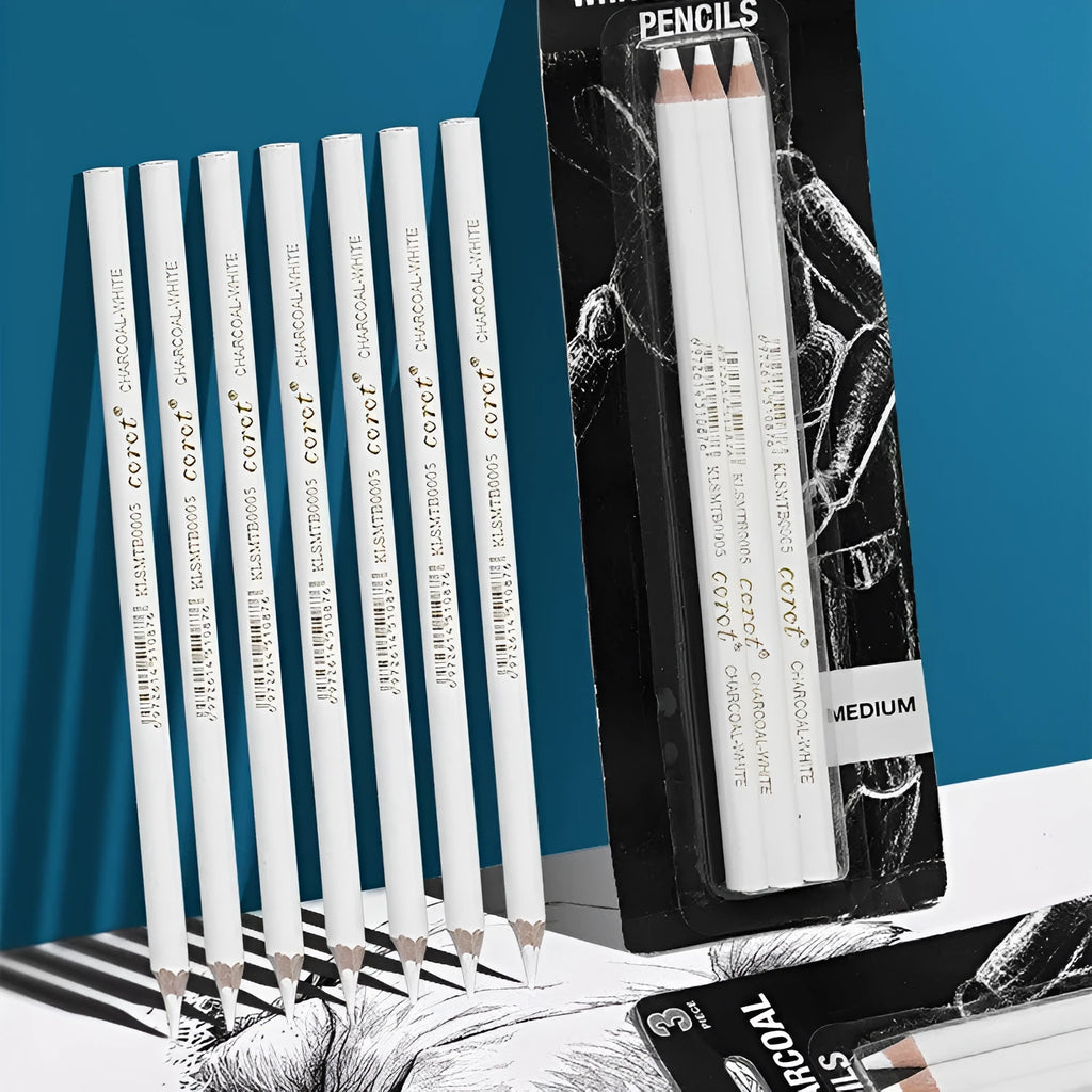 Three white charcoal highlighting pencils in wooden barrels for sketching and drawing