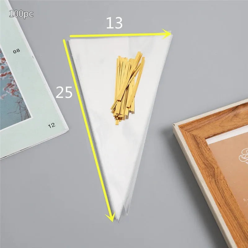 Clear triangle plastic packaging bag with integrated wire tie closure showing three size options