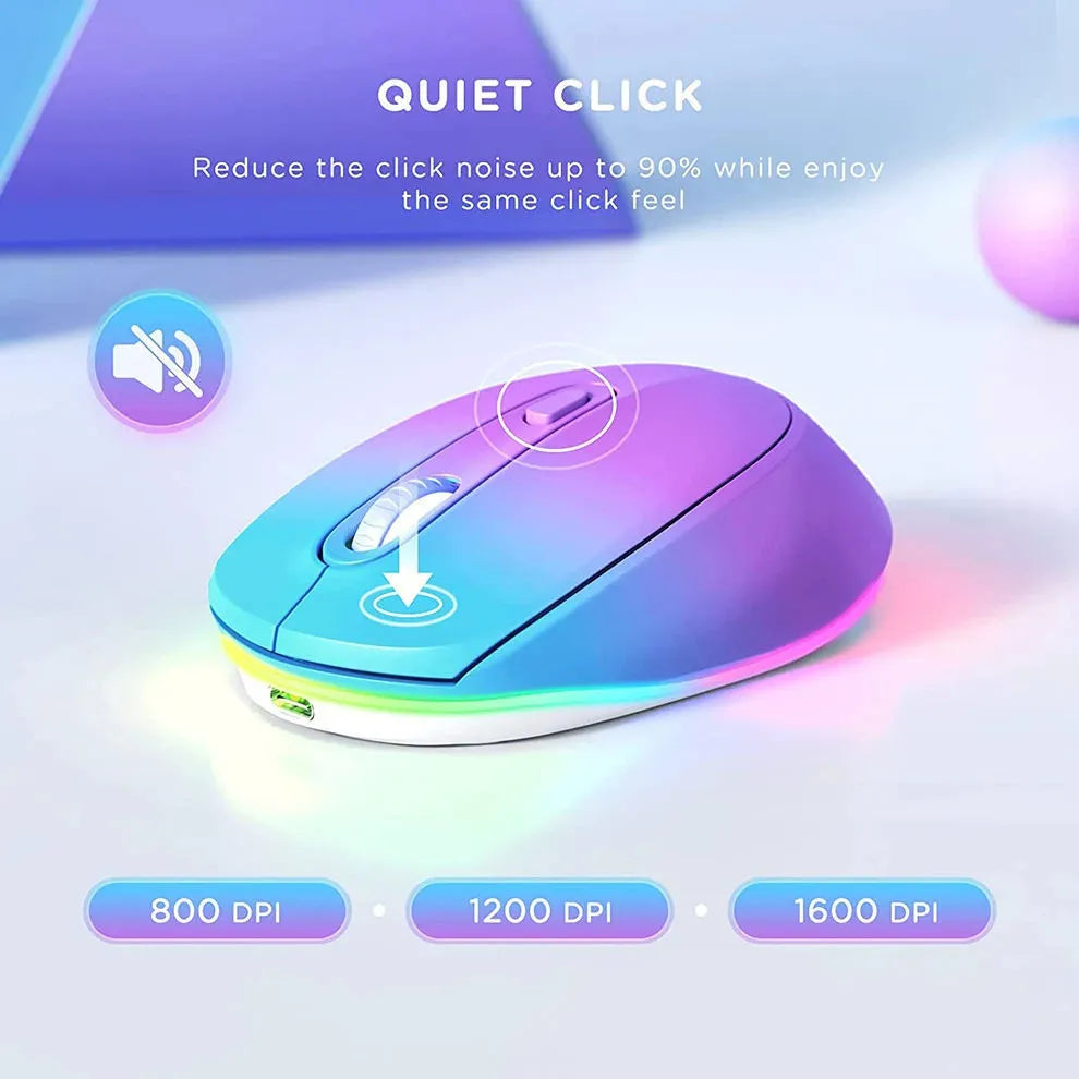 Lightweight wireless mouse for laptops in blue, showing ergonomic shape and USB charging cable.