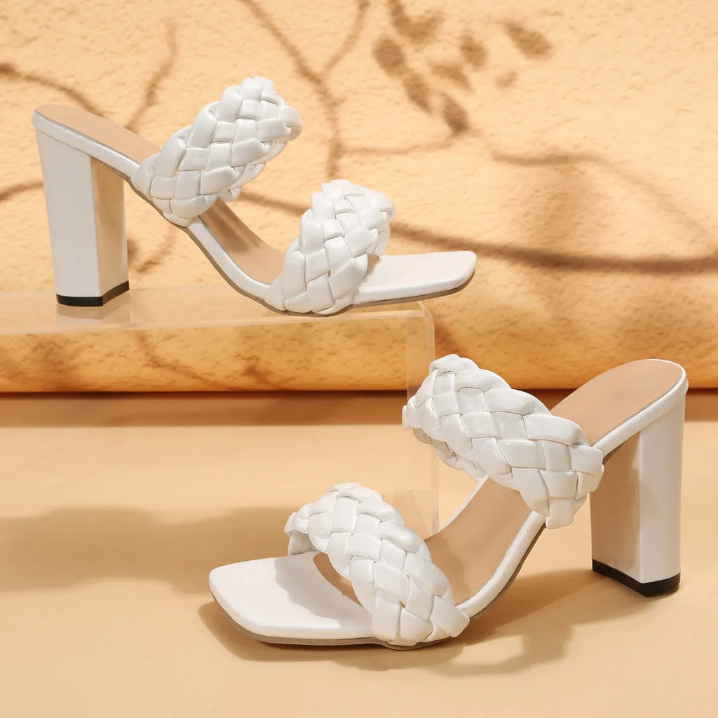 Square toe flip-flops with woven twisted upper and chunky heel in white colour