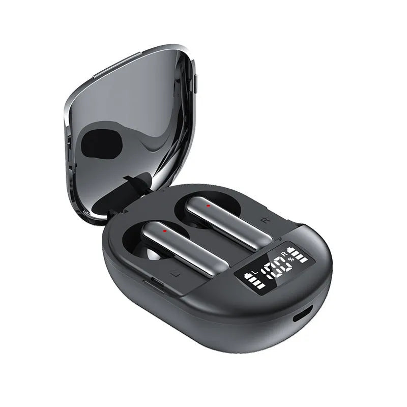 Black and white wireless in-ear Bluetooth headset with digital display next to its charging case.