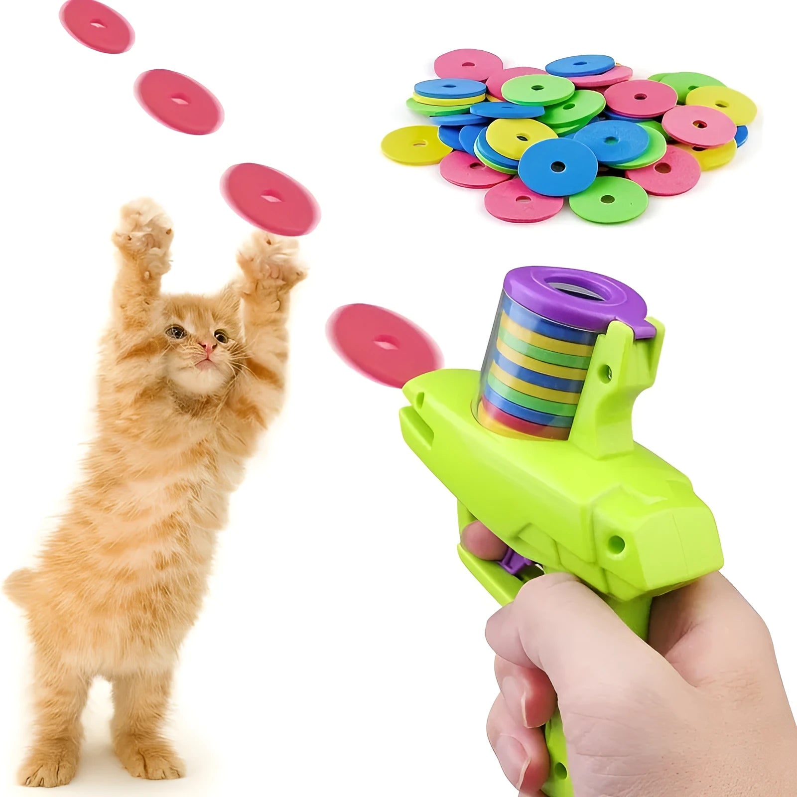 Battery-free cat toy launcher with foam discs in durable plastic construction
