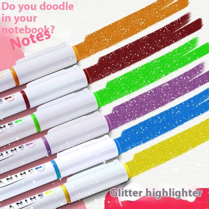 Four glitter fluorescent highlighter pens with slanted 4mm fibre tips in assorted colours including taro puff and peach blossom variations