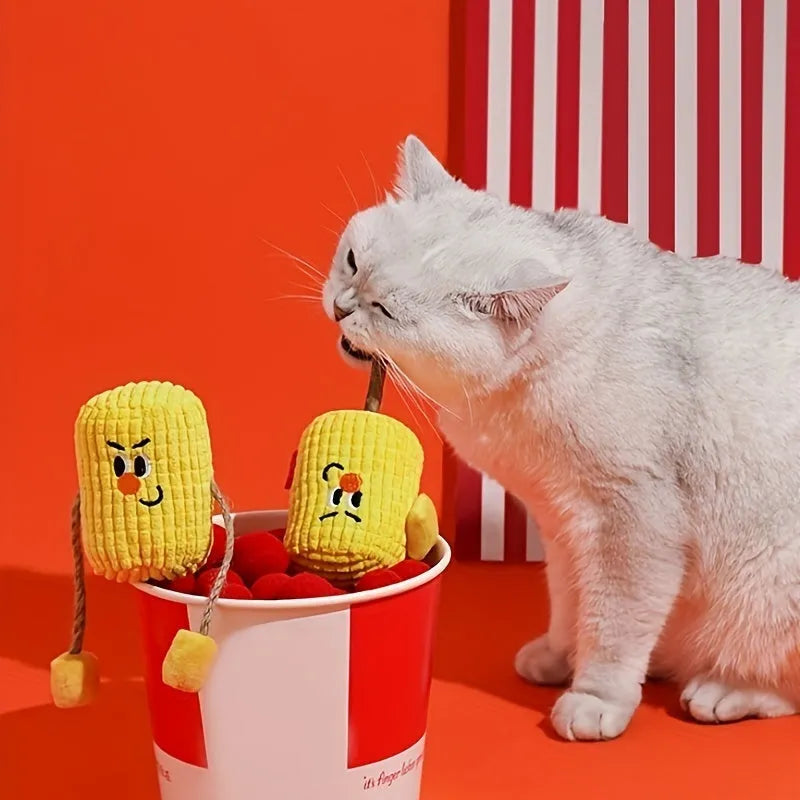 Corn cob shaped cat chew toy made from natural polio wood with catnip, measuring 7cm by 6cm by 15cm.