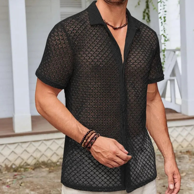 Men's beige short sleeve shirt with a lapel collar, laid flat.