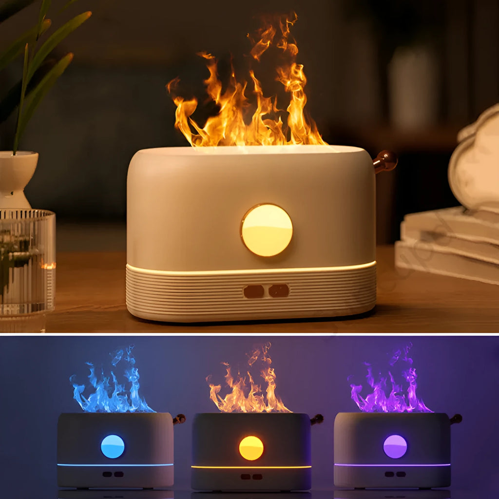 Black USB humidifier with flickering flame effect and water tank on wooden desktop