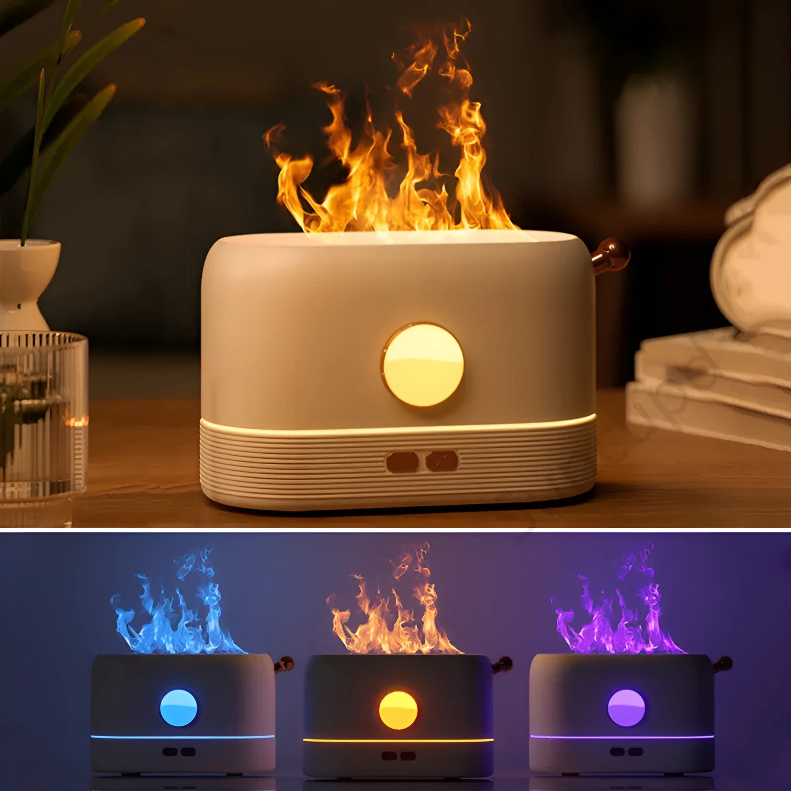 Black USB humidifier with flickering flame effect and water tank on wooden desktop