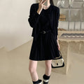 Women's grey Art retro style two-piece set with long-sleeved cardigan and pleated vest skirt featuring a belt