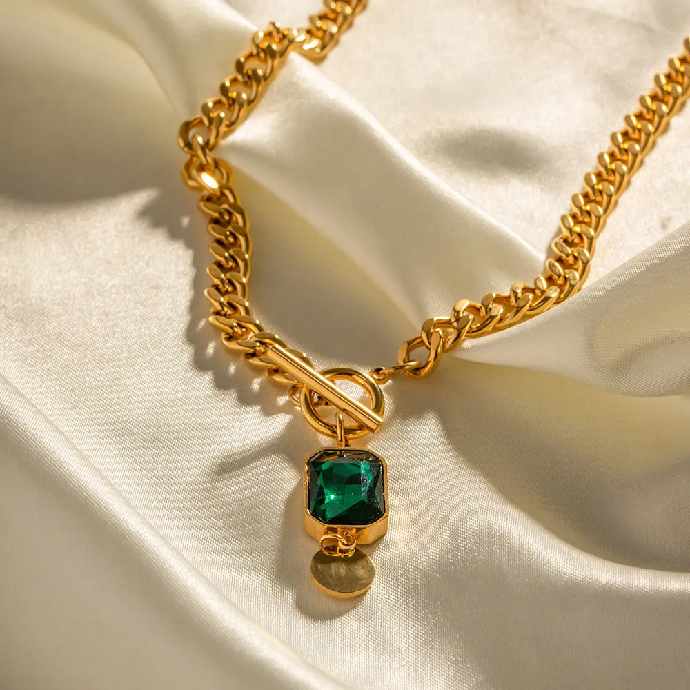 Gold electroplated French retro emerald zircon pendant necklace with titanium steel Cuban link chain