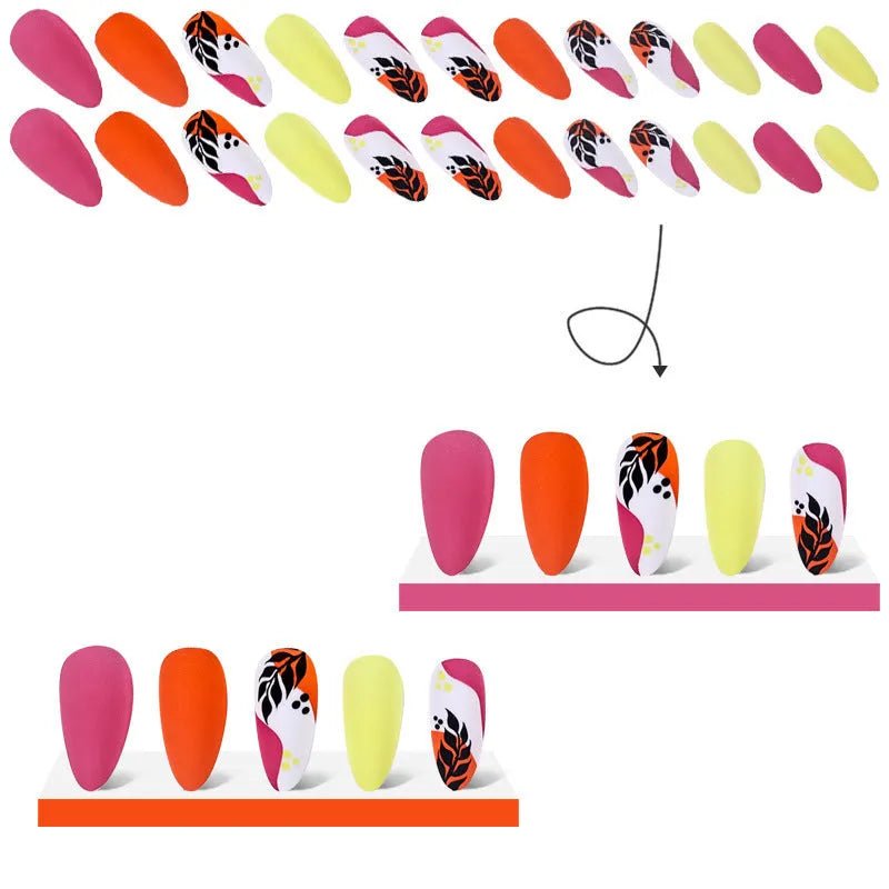 Four boxes of Armour brand frosted nail stickers showing almond-shaped designs in French leaves, leopard print, macaron, and plating patterns.