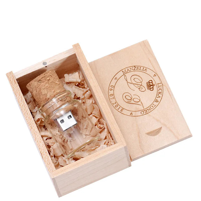 Chocolate brown wooden drift bottle USB flash drive with custom graphic printing