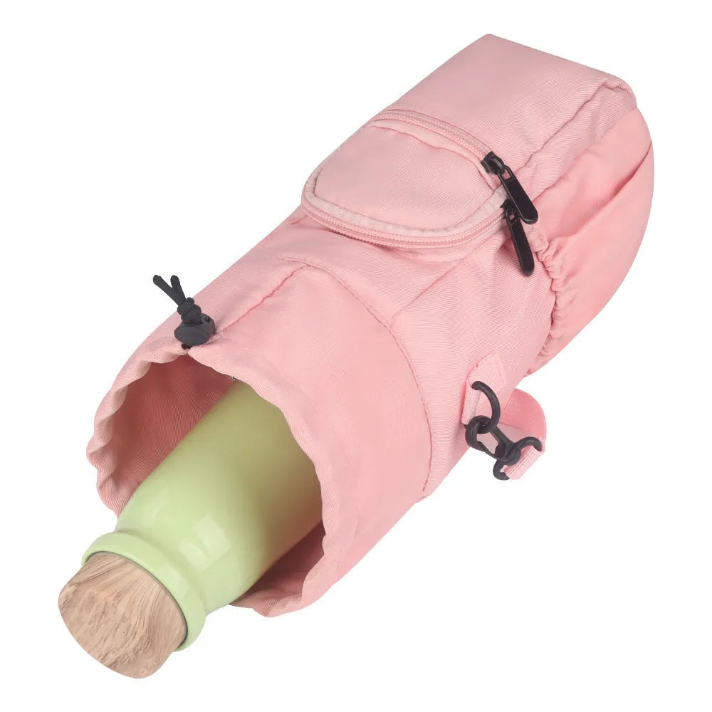 Cloth water bottle pouch with crossbody shoulder strap in black, green, and pink colour options.