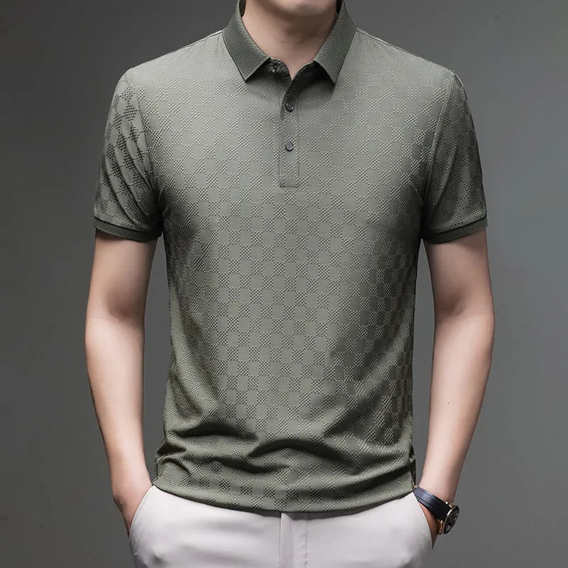 Rhombus pattern thin ice silk short sleeve t-shirt in black, showing split hem design detail.