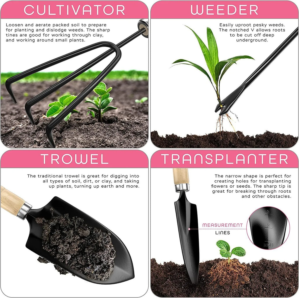 Eight-piece stainless steel gardening hand tool set CG2001 on a garden background.