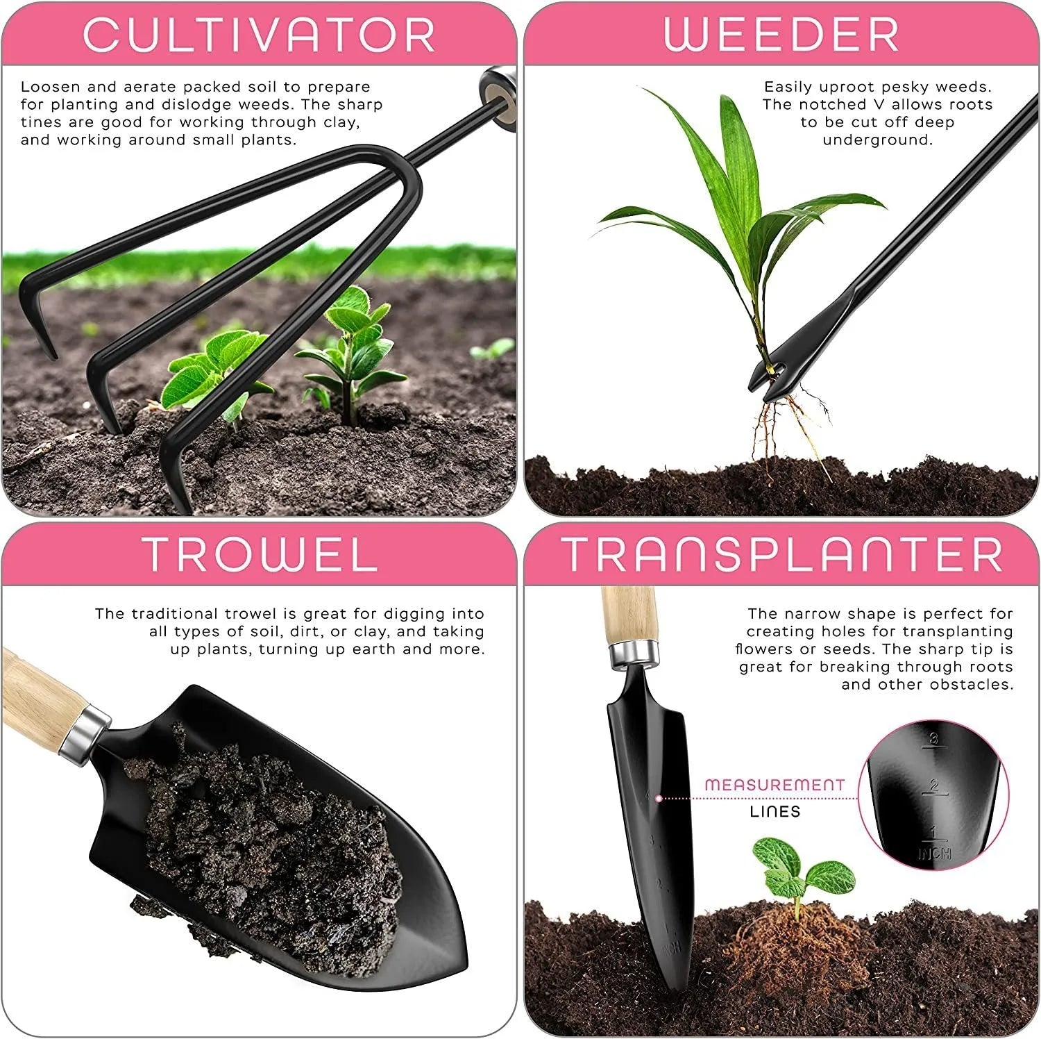 Eight-piece stainless steel gardening hand tool set CG2001 on a garden background.