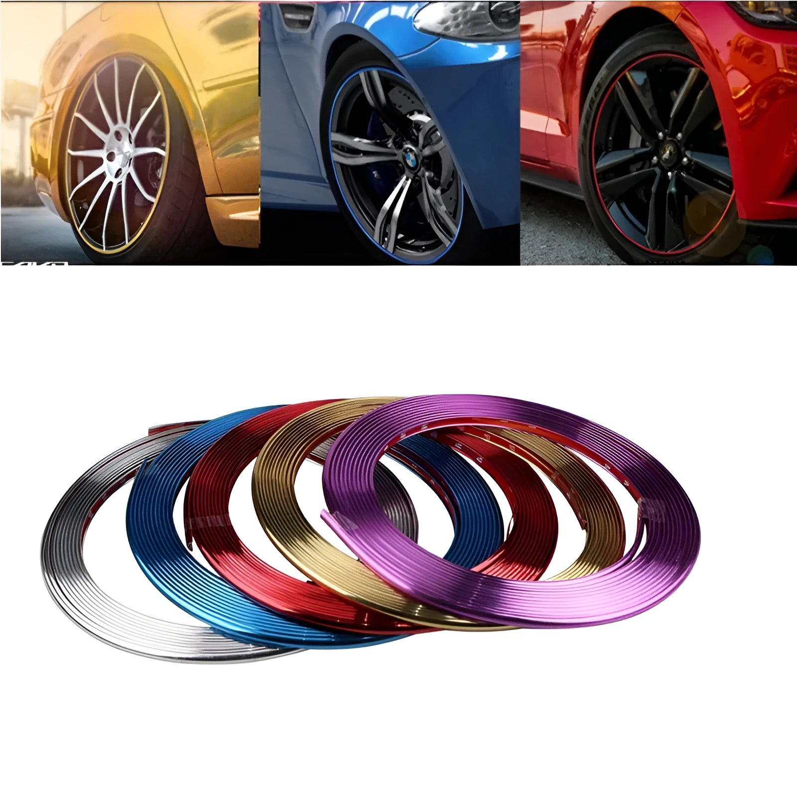 Electroplated purple PVC wheel hub trim stickers showing 8-metre anti-collision strip roll