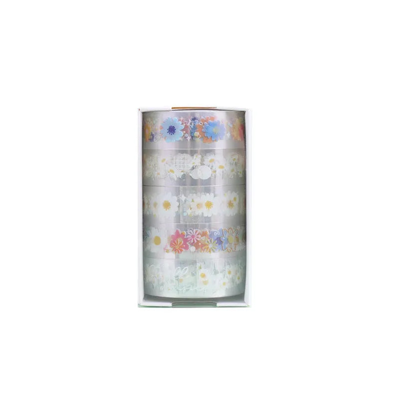 Five rolls of transparent adhesive tape with Midsummer Daisy cartoon decoration, each 1.5cm wide
