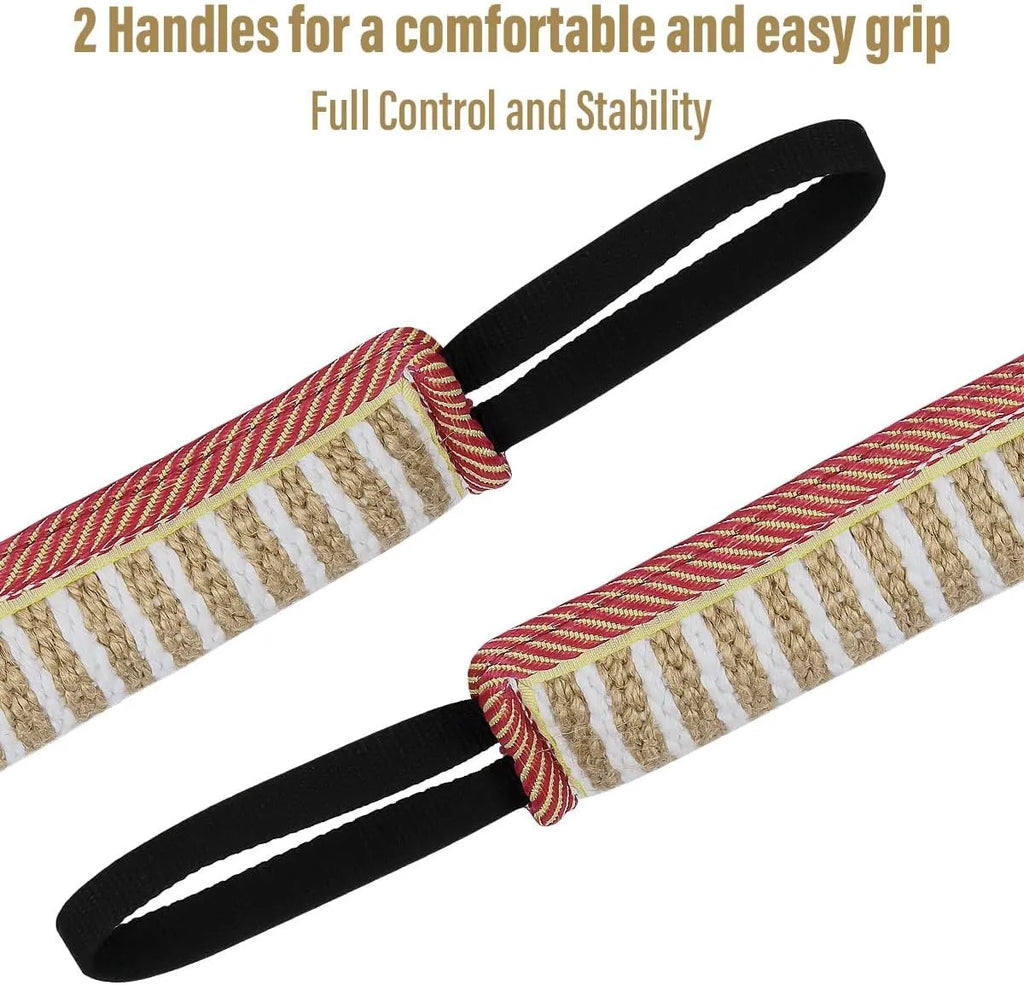 Beige jute dog tug toy with two handles showing double stitching details