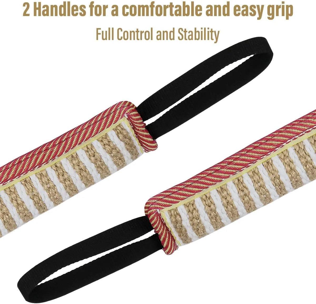 Beige jute dog tug toy with two handles showing double stitching details