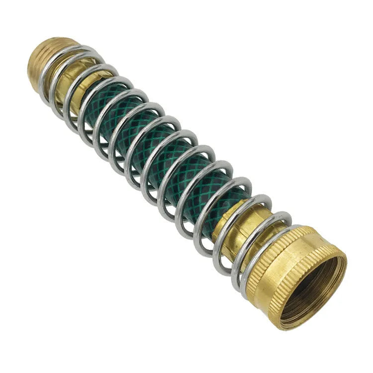 Brass garden hose spring connector with spiral mechanism for preventing kinks, 15cm length