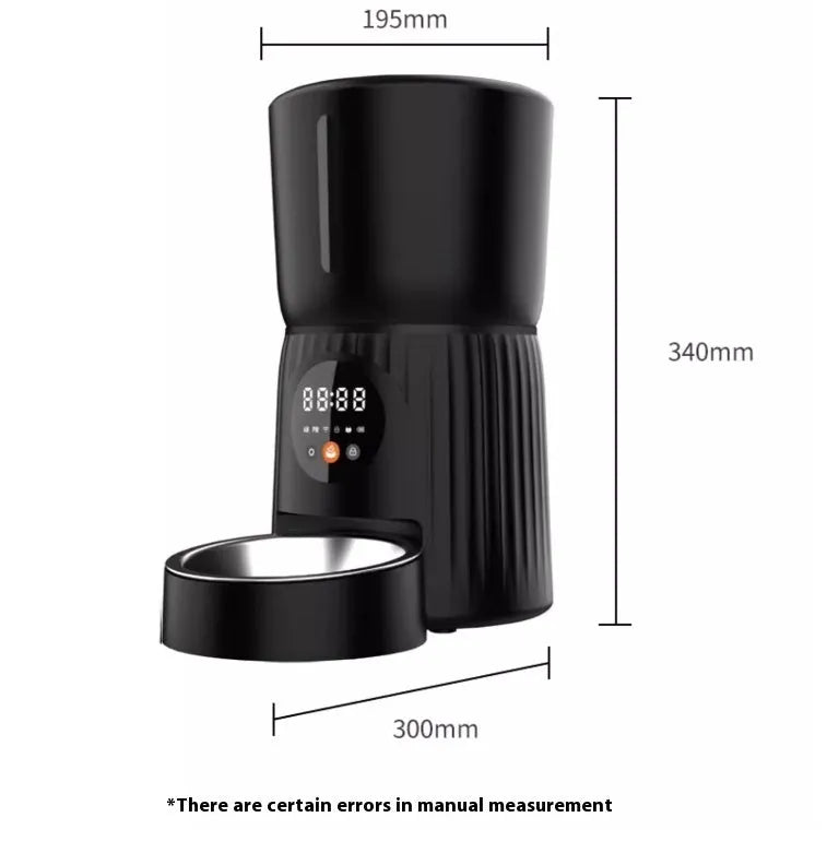 Intelligent automatic pet feeder with timer display and food reservoir in black or white colour options