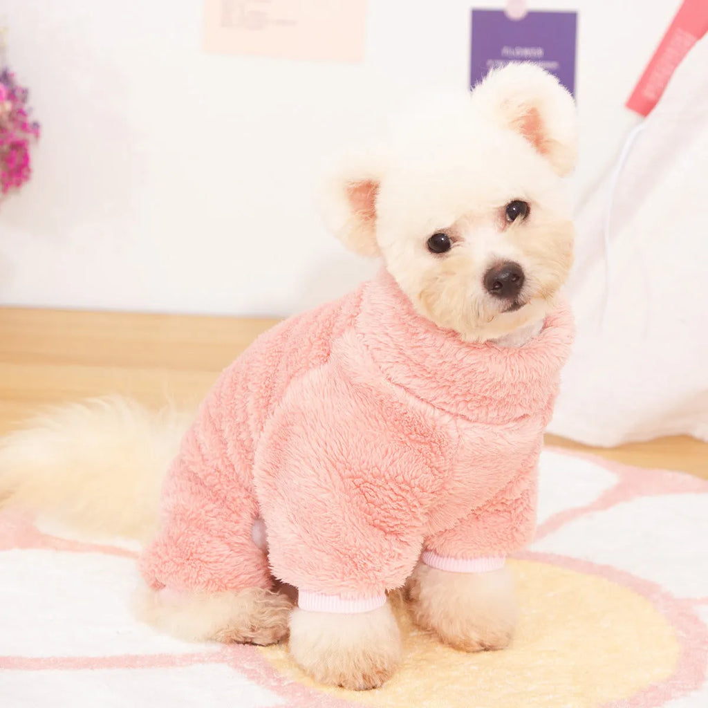 Blue double-sided plush dog clothes with high collar and towing ring on a mannequin