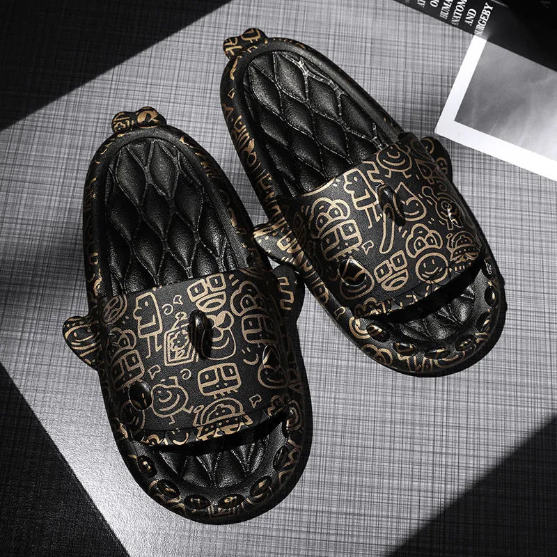 Cute shark design open-toe home slippers made from beige EVA material.