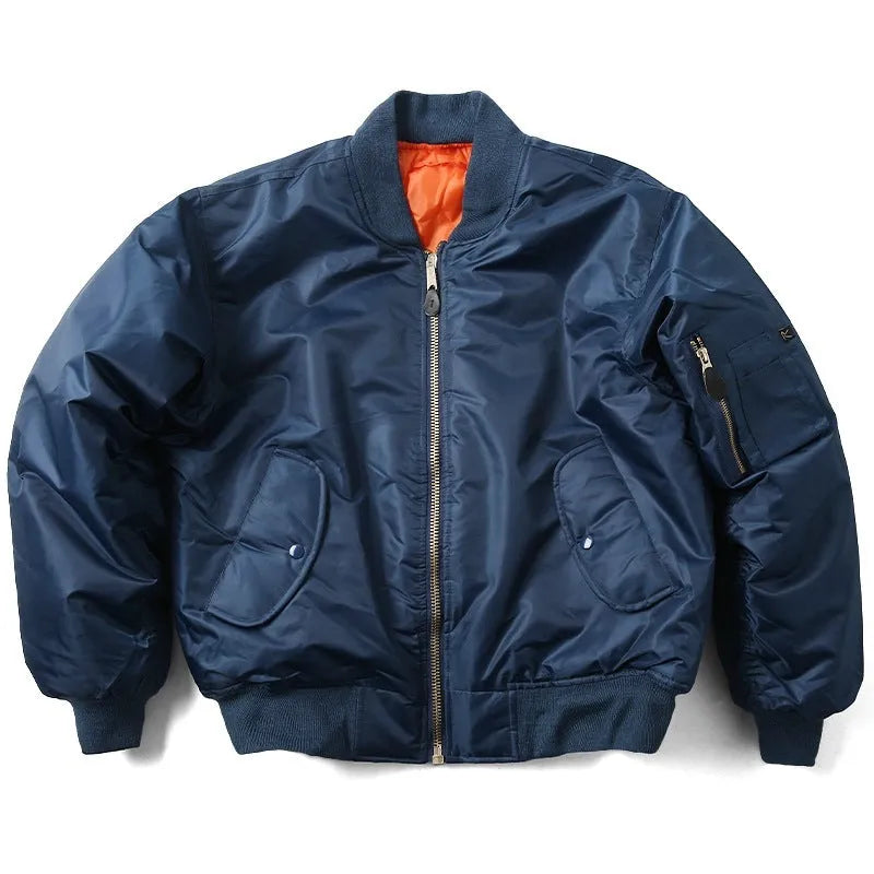 Men's American workwear pilot cotton-padded jacket in army green colour showing loose fit styling