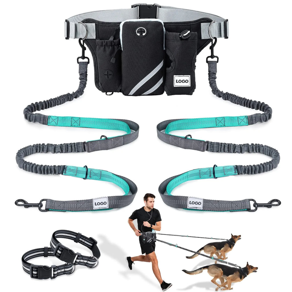 Black outdoor pet training waist bag with telescopic dog lead attached for hands-free walking
