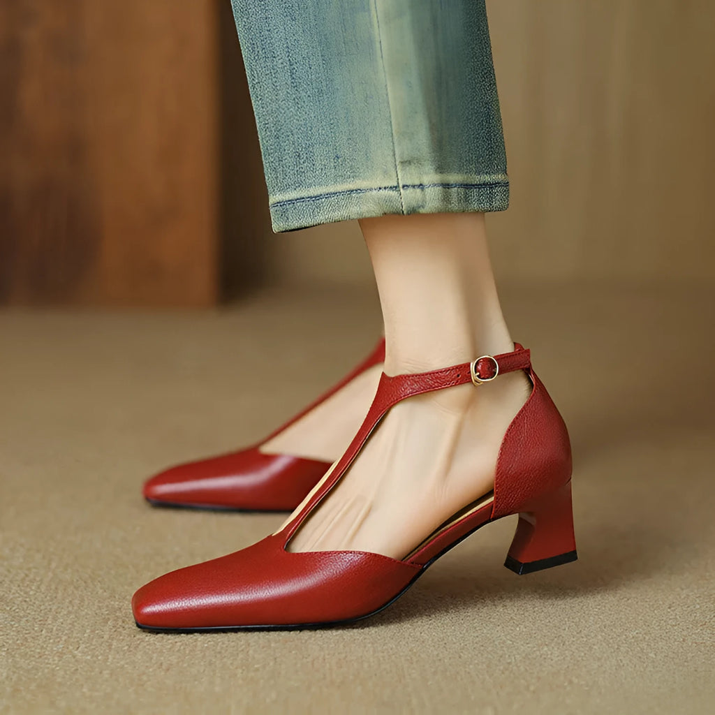 Wine red sheepskin leather square toe chunky heel shoes with buckle fastening
