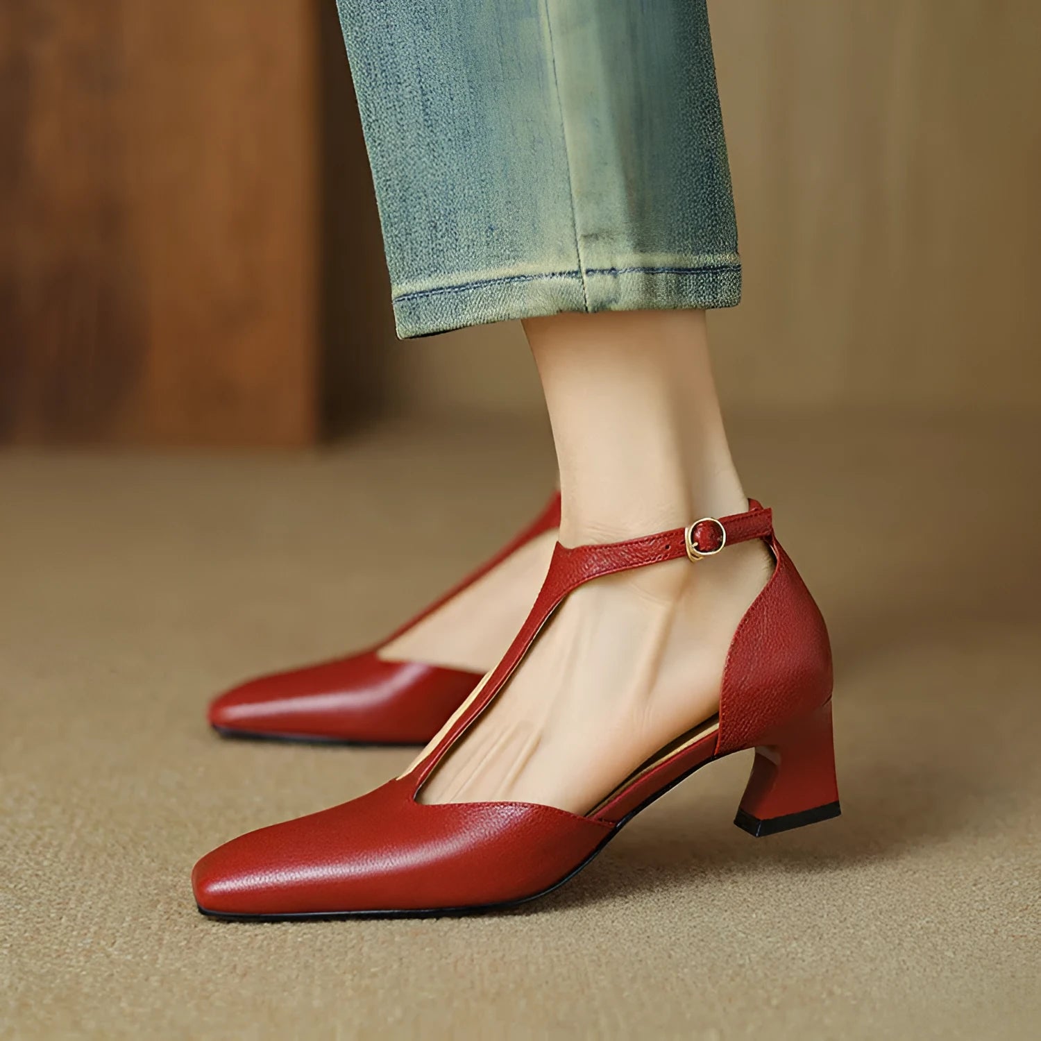 Wine red sheepskin leather square toe chunky heel shoes with buckle fastening