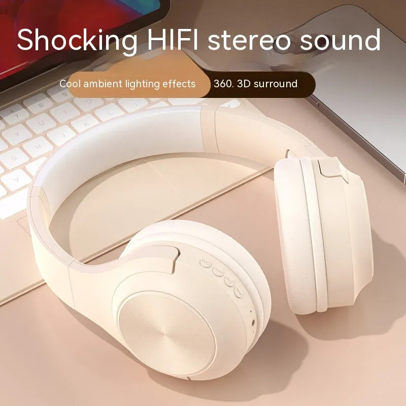 Wireless Bluetooth over-ear headset in ivory white colour with creative design and charging case
